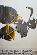 Felix Droese, Galerie Rudolf Zwirner exhibition poster (1982): black cut-out shapes with a yellow bicycle frame, and handwritten gallery text below.