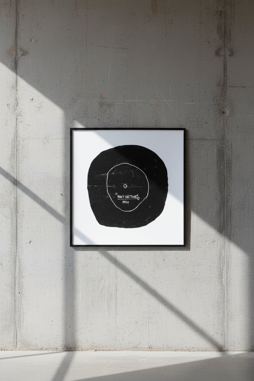 Jean-Michel Basquiat, Now's the Time (1985) art print, shown framed on a sunlit concrete wall.