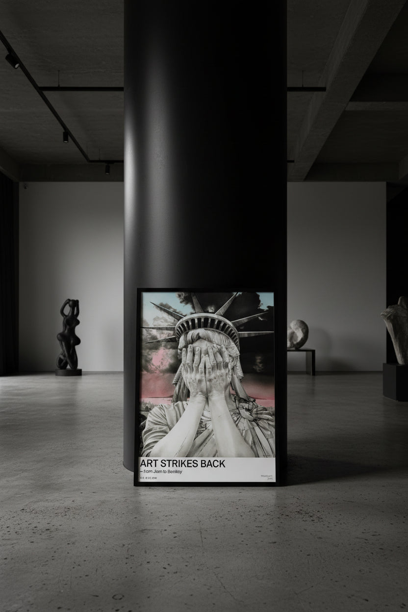 Gee Vaucher, Oh America (1989), Art Strikes Back exhibition poster, shown framed, standing against a black column in a dark gallery space.