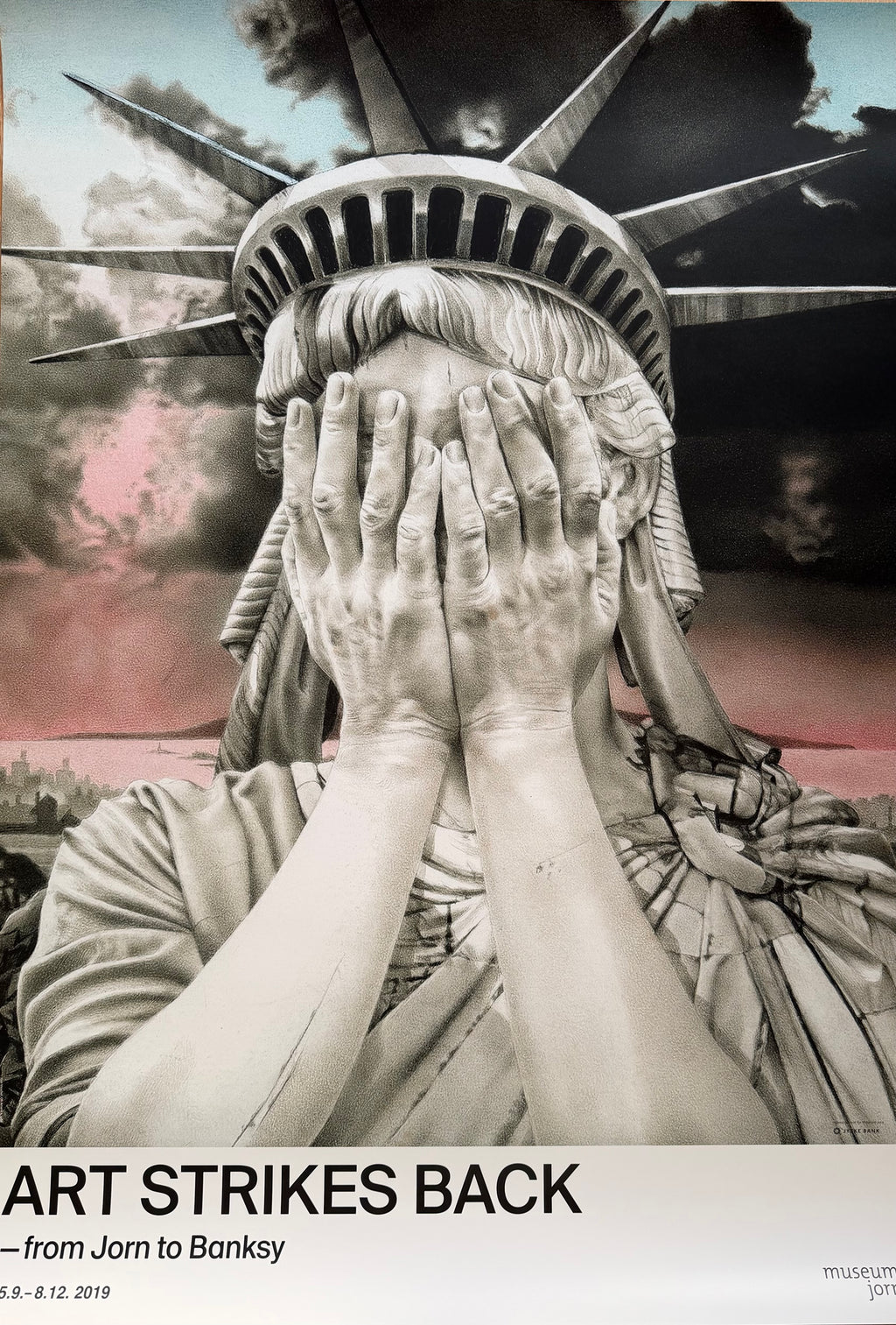 Gee Vaucher, Oh America (1989), Art Strikes Back exhibition poster: the Statue of Liberty covering its face with both hands.