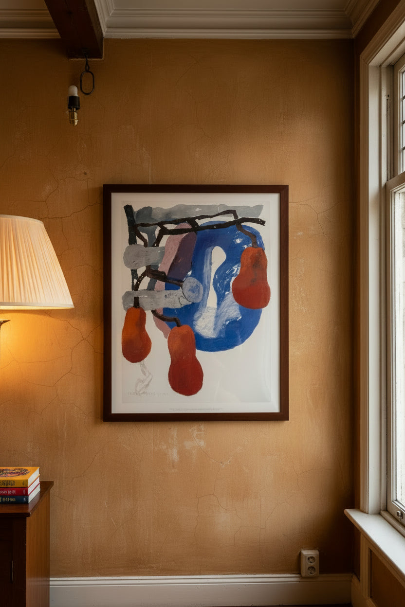 Erik Mattijssen, Aan Samuel Beckett (1991) poster, shown framed on an ochre wall beside a floor lamp.