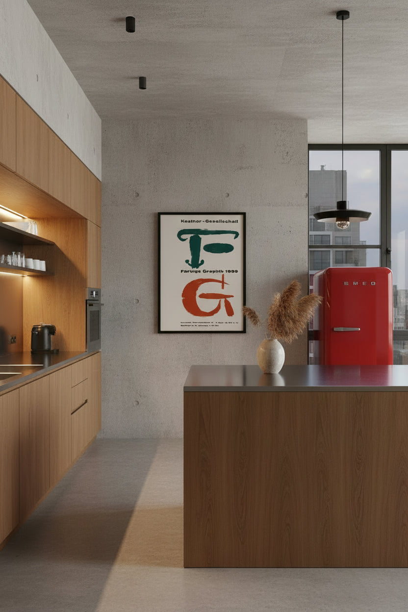 Kestner-Gesellschaft Hannover, Farbige Graphik 1959 exhibition poster, shown framed on the wall of a kitchen with wooden units and a red fridge.