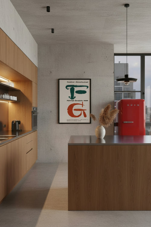 Kestner-Gesellschaft Hannover, Farbige Graphik 1959 exhibition poster, shown framed on the wall of a kitchen with wooden units and a red fridge.