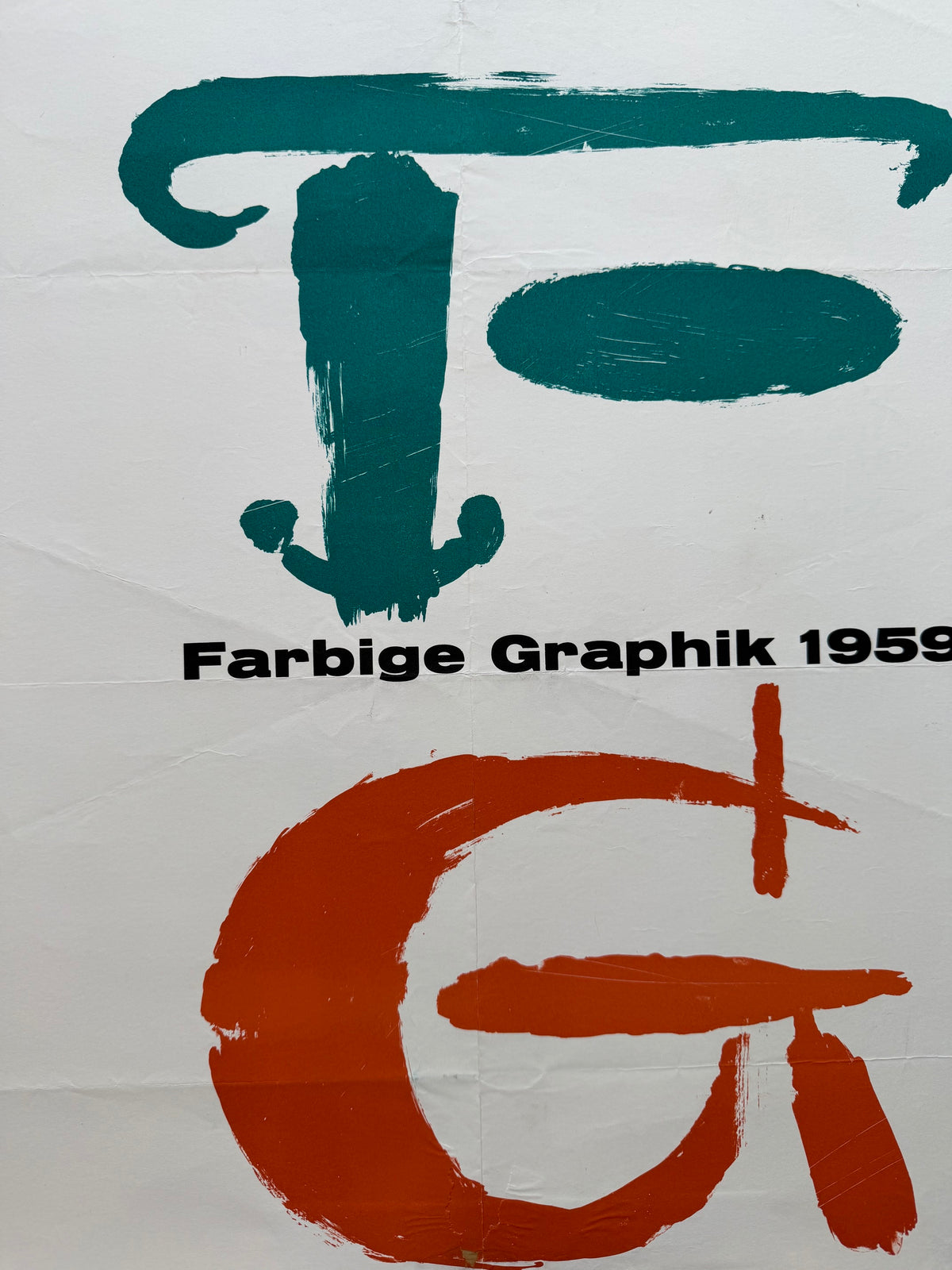 Kestner-Gesellschaft Hannover, Farbige Graphik 1959 exhibition poster: close-up of the upper part, with the green "F" and the red-orange "G".