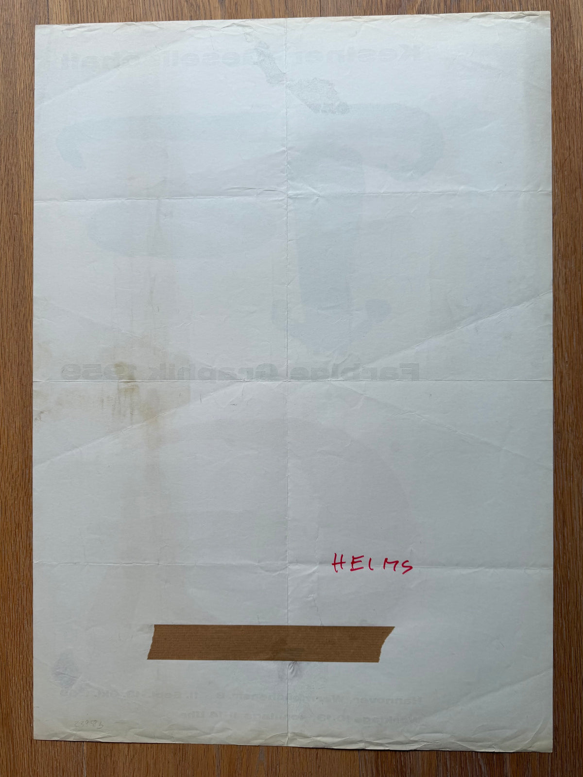 Kestner-Gesellschaft Hannover, Farbige Graphik 1959 exhibition poster: the back of the poster, showing fold lines and a strip of tape.