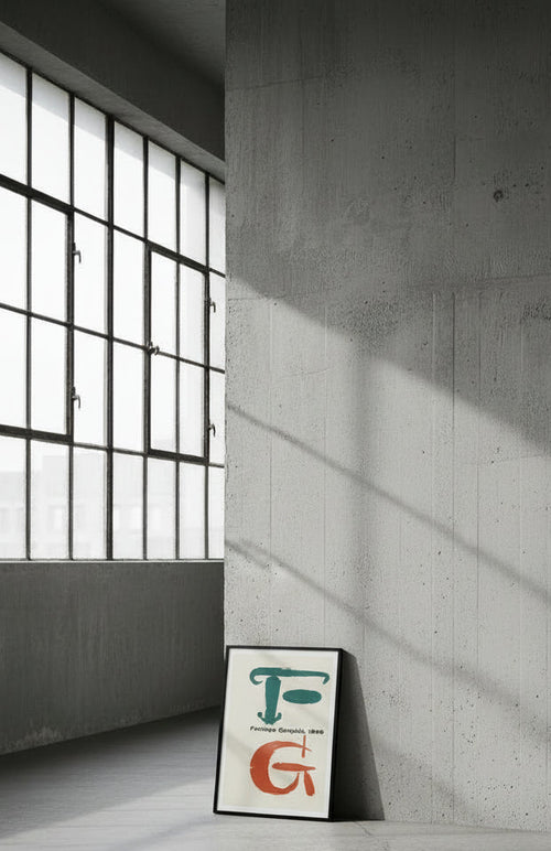 Kestner-Gesellschaft Hannover, Farbige Graphik 1959 poster, shown framed, leaning against a concrete wall under a factory window.