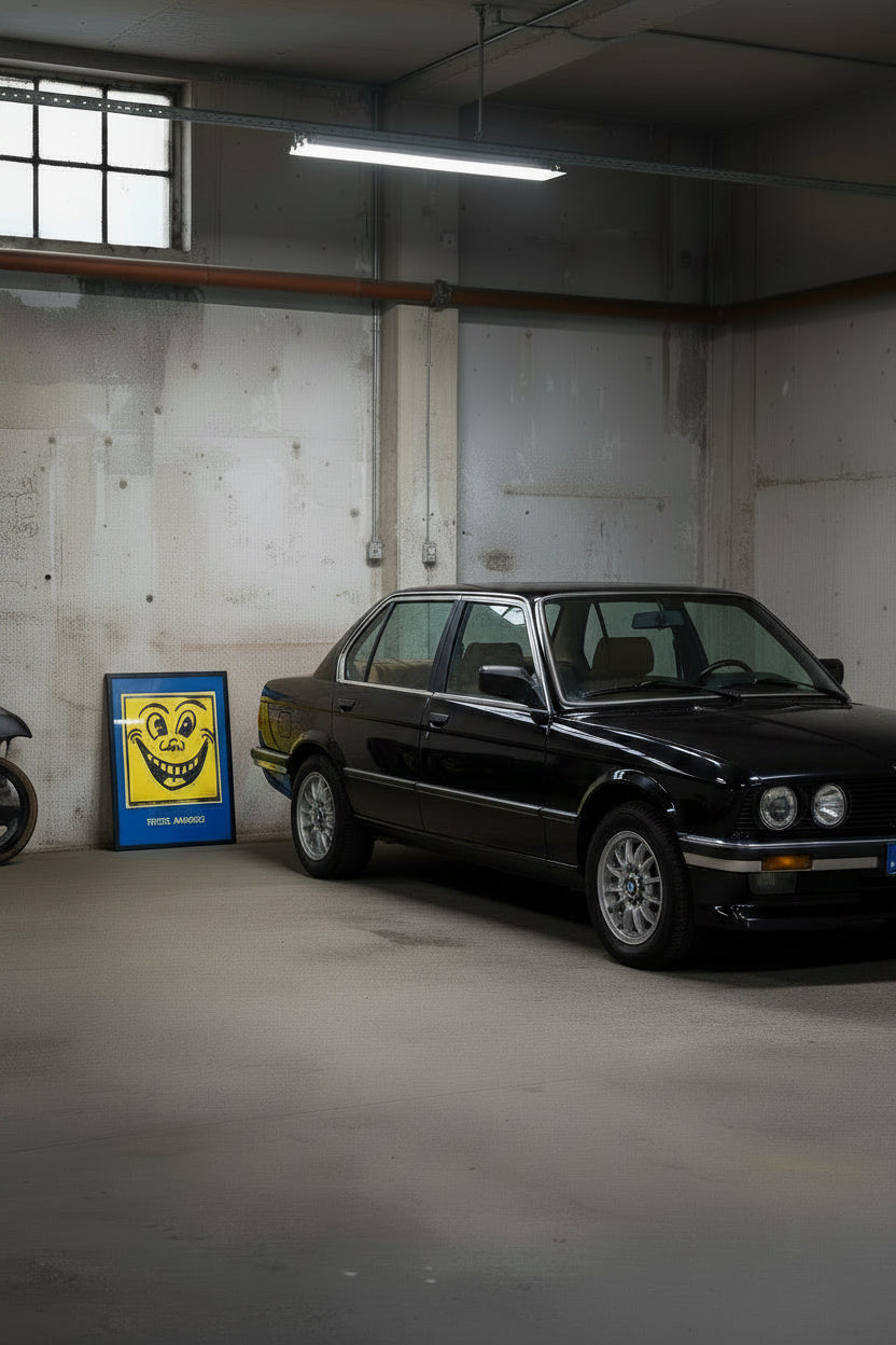 Keith Haring, Untitled (1981) poster, shown framed, standing in a garage beside a black car.