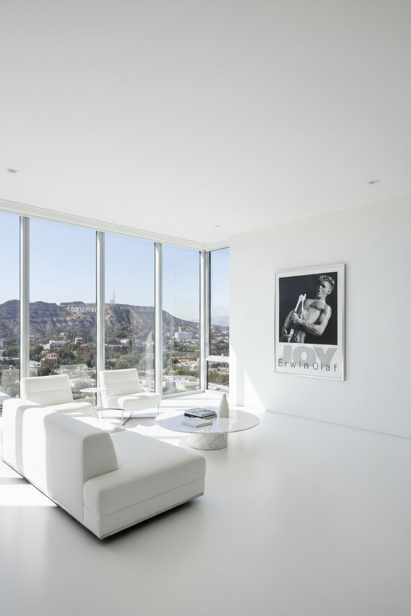 Erwin Olaf, Joy (Marc) (1985) poster, shown framed on the wall of a white room with floor-to-ceiling windows and a hill view.