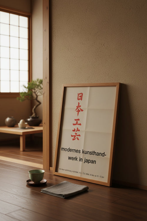 Modernes Kunsthandwerk in Japan, Die Neue Sammlung München exhibition poster, shown framed, leaning against the wall of a Japanese-style room with a bonsai.