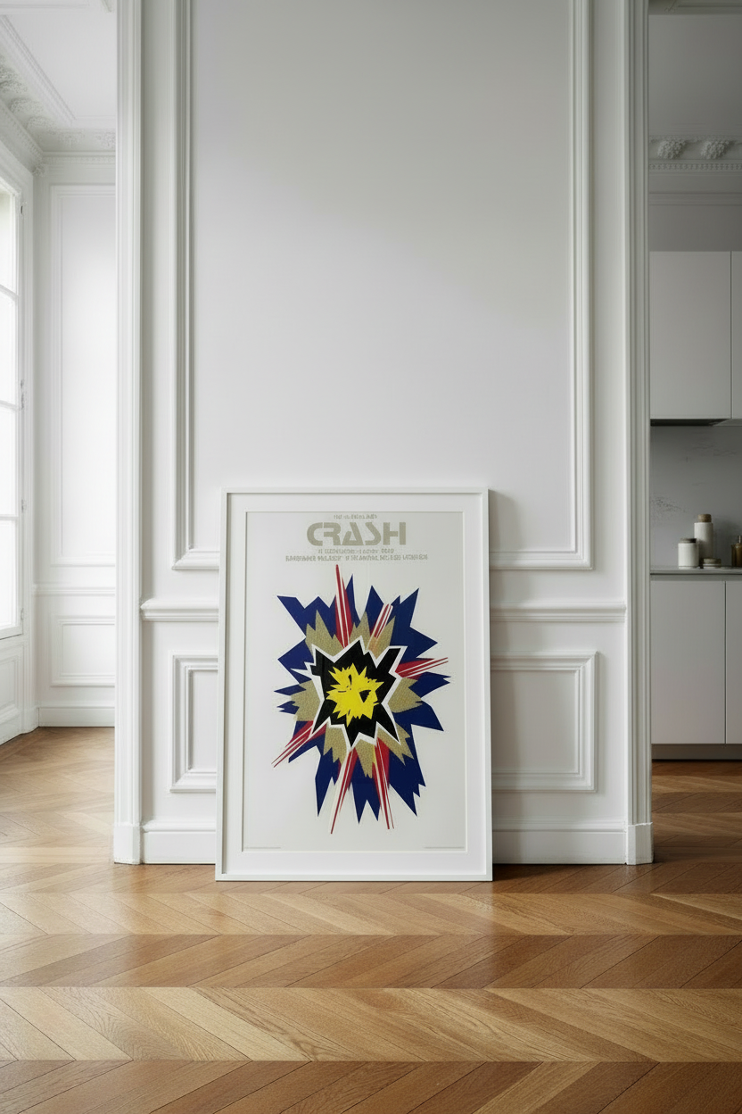 Roy Lichtenstein, Explosion II (1965), Crash exhibition poster, shown framed, leaning against a white panelled wall in an apartment.