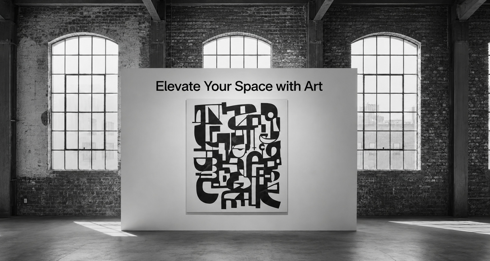 Abstract black-and-white poster print displayed on a gallery wall